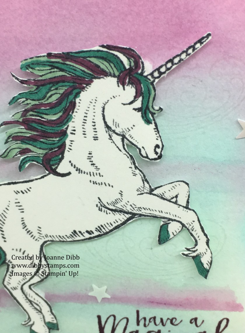 Magical unicorn birthday card close up